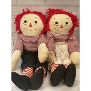 Vintage Raggedy Ann & Andy Dolls Handmade Homemade Plush Set Painted‎ Large